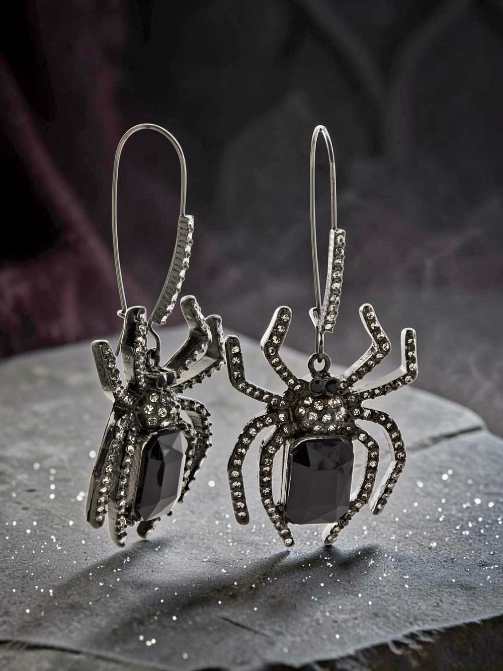NEW Betsey Johnson Bold Black Crystal Spider  Dangler Shepherd Hook Earrings NWT